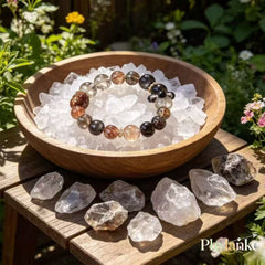 Pixiu Wealth Ward – Pixiu‑Carved Black Gold Super Seven, Silver Obsidian, Tea Rutilated Quartz + Runner Bead