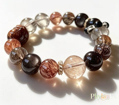 Pixiu Wealth Ward – Pixiu‑Carved Black Gold Super Seven, Silver Obsidian, Tea Rutilated Quartz + Runner Bead