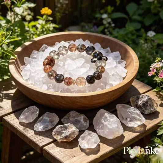 Pixiu Wealth Ward – Pixiu‑Carved Black Gold Super Seven, Silver Obsidian, Tea Rutilated Quartz + Runner Bead