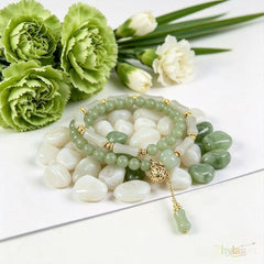 Bamboo Cadence — Stackable Hetian Jade Bamboo & Green Jade Beads with a Vintage Gold‑Silk Jade Pumpkin