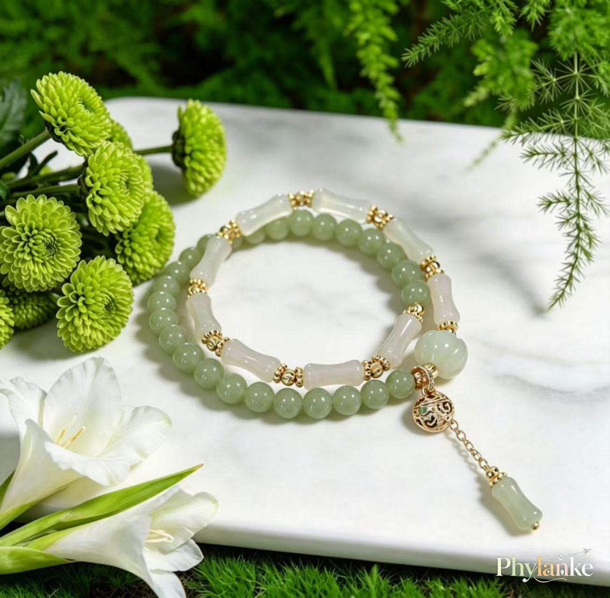 Bamboo Cadence — Stackable Hetian Jade Bamboo & Green Jade Beads with a Vintage Gold‑Silk Jade Pumpkin