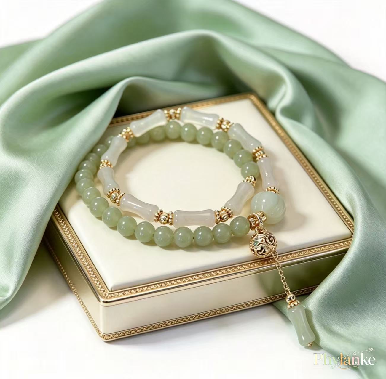 Bamboo Cadence — Stackable Hetian Jade Bamboo & Green Jade Beads with a Vintage Gold‑Silk Jade Pumpkin