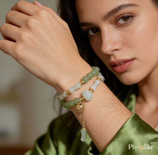 Bamboo Cadence — Stackable Hetian Jade Bamboo & Green Jade Beads with a Vintage Gold‑Silk Jade Pumpkin