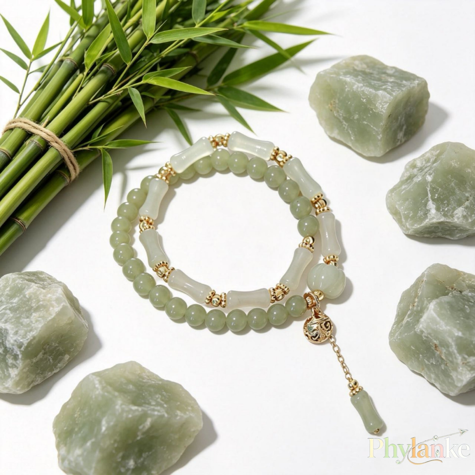 Bamboo Cadence — Stackable Hetian Jade Bamboo & Green Jade Beads with a Vintage Gold‑Silk Jade Pumpkin