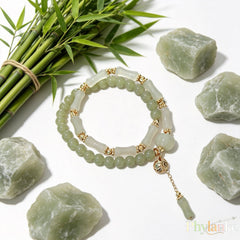 Bamboo Cadence — Stackable Hetian Jade Bamboo & Green Jade Beads with a Vintage Gold‑Silk Jade Pumpkin
