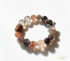Pixiu Wealth Ward – Pixiu‑Carved Black Gold Super Seven, Silver Obsidian, Tea Rutilated Quartz + Runner Bead
