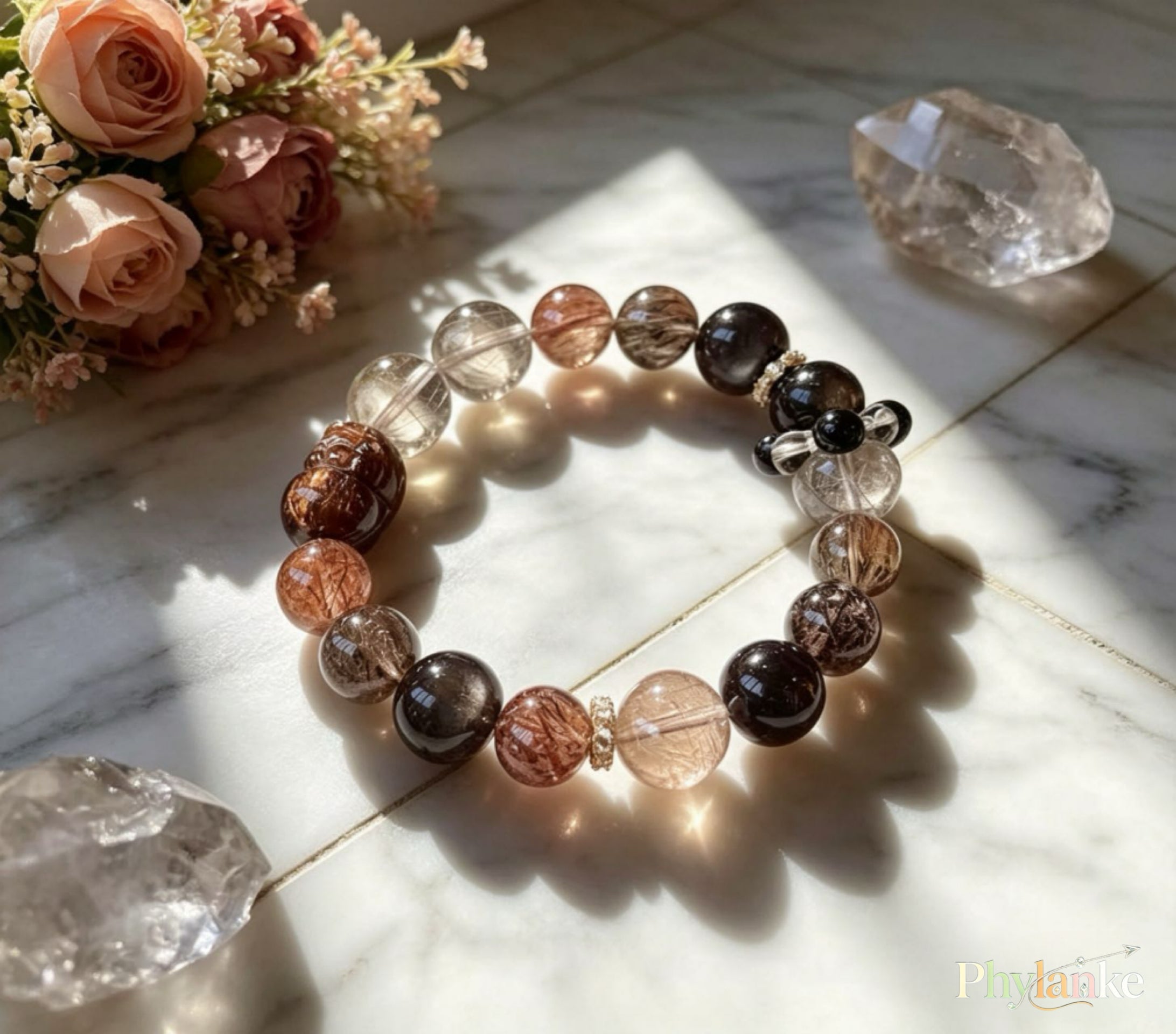 Pixiu Wealth Ward – Pixiu‑Carved Black Gold Super Seven, Silver Obsidian, Tea Rutilated Quartz + Runner Bead