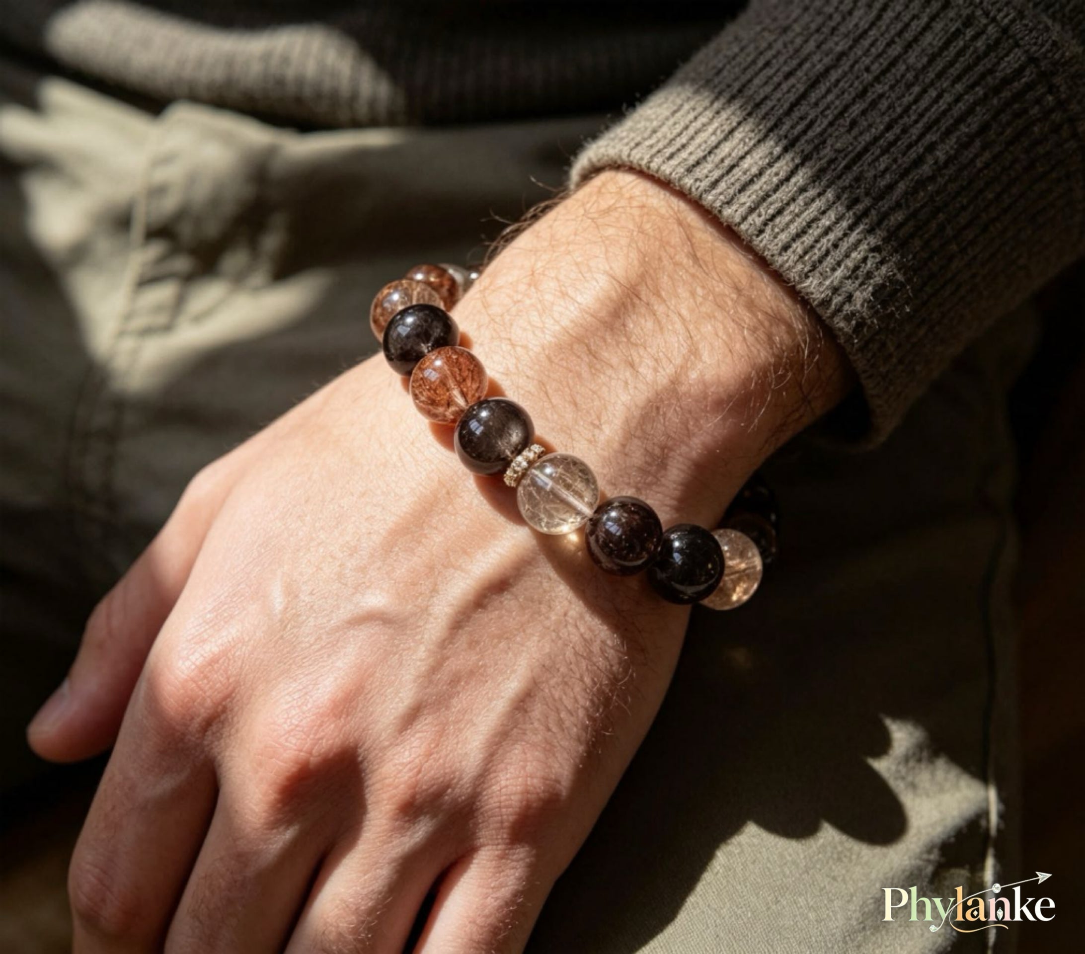 Pixiu Wealth Ward – Pixiu‑Carved Black Gold Super Seven, Silver Obsidian, Tea Rutilated Quartz + Runner Bead